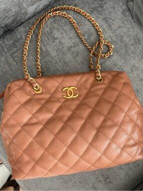 CHANEL Quilted Shoulder Bag in Tan Brown with Gold Hardware